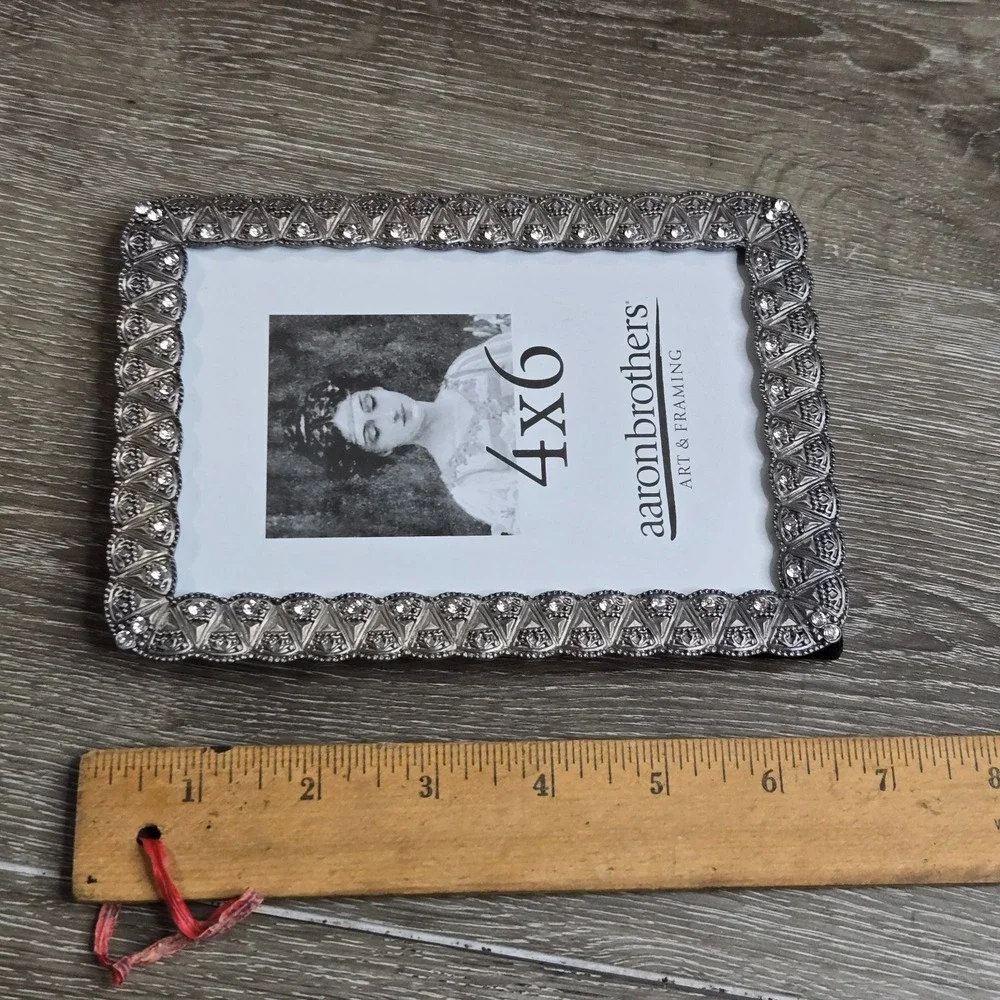 Aaron Brothers Jeweled Pewter Tone Picture Frame 4x6 Vintage Ornate Rhinestone